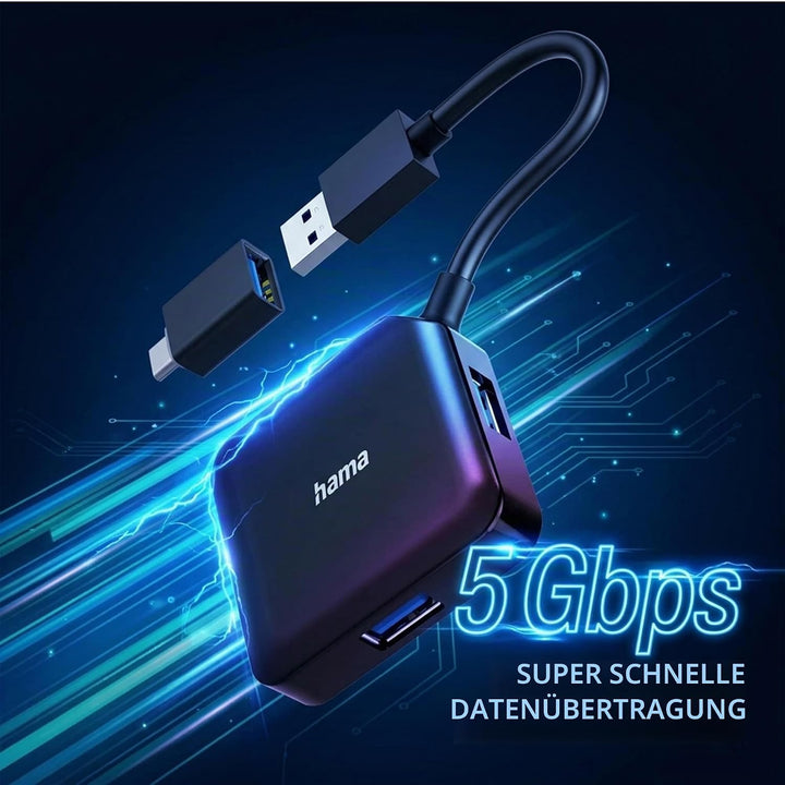 Hama 4-Port USB 3.2 Gen1 Hub (4in1 Verteiler mit 4 Anschlüssen und USB C Adapter, 5 Gbit/s) | USB-Hu