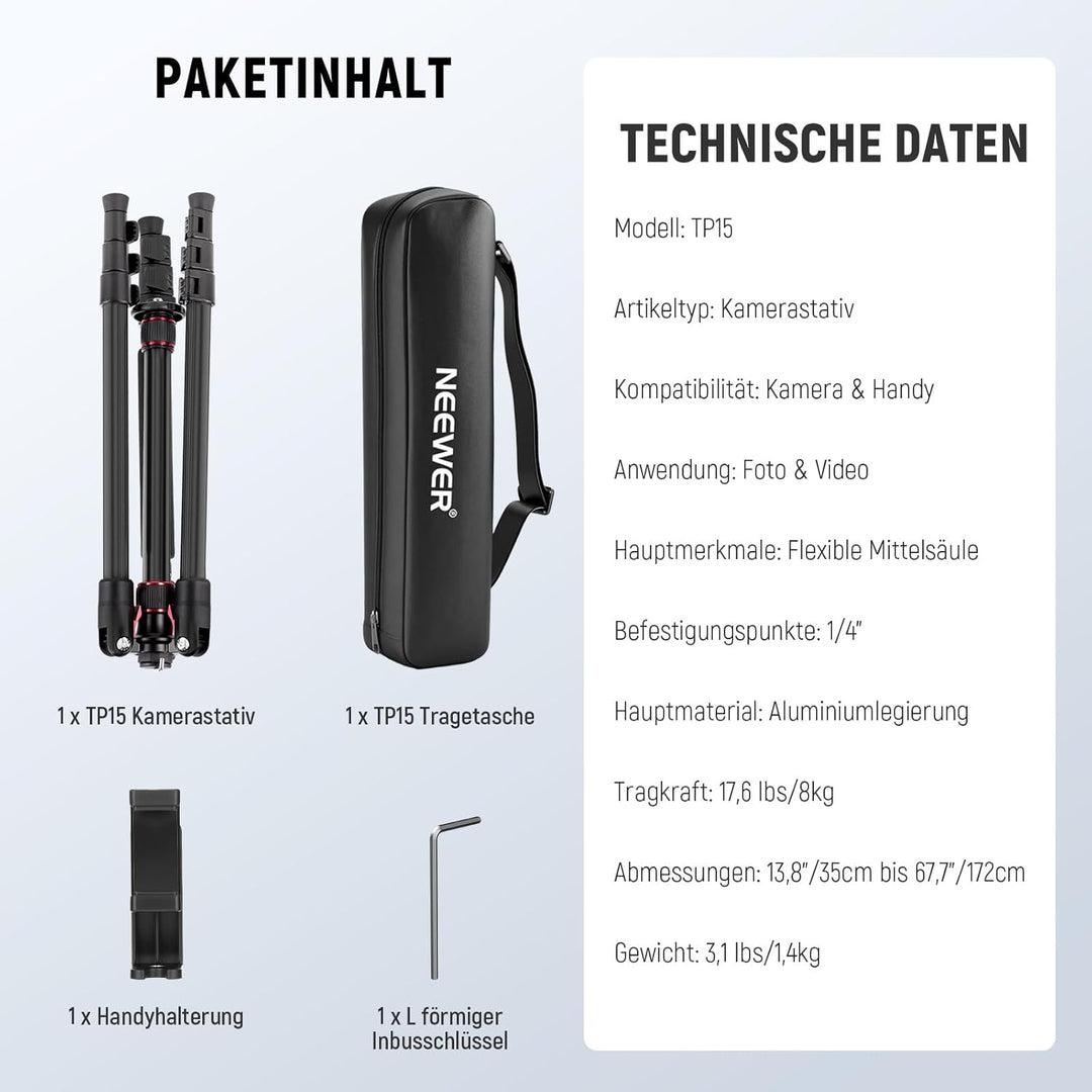 NEEWER Basics TP15 Kamerastativ Einbeinstativ, 68" Metall Heavy Duty tragbar Reisen DSLR Phone Ständ