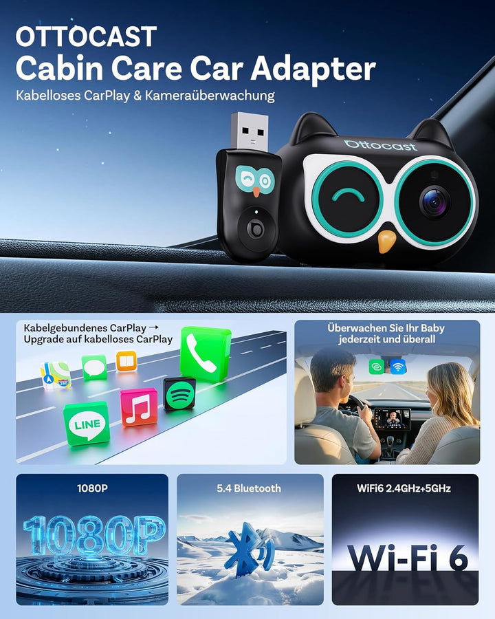 OTTOCAST Cabin Care, 2026 Neues Wireless CarPlay Adapter mit Kamera, Baby Auto Kamera, CarPlay Baby