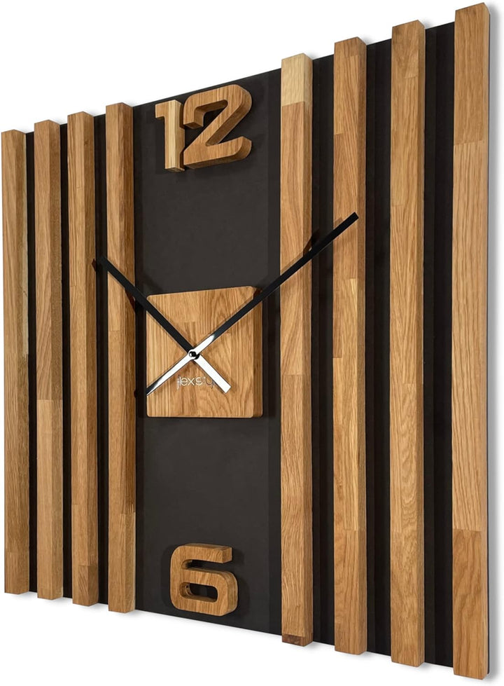 FLEXISTYLE Wanduhr gross aus Holz Lamellen SQ 60cm Holzoptik schwarz 3D Eiche modern ohne Ticken Woh