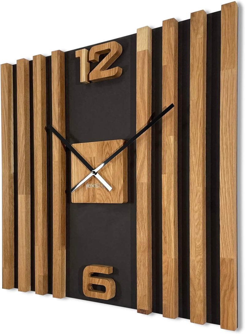 FLEXISTYLE Wanduhr gross aus Holz Lamellen SQ 60cm Holzoptik schwarz 3D Eiche modern ohne Ticken Woh