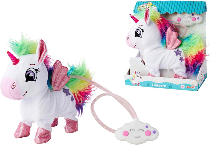 Simba PetZoo Rainbow Unicorn, Spielzeug Haustier, mit Regenbogen-LED Kabelsteuerung, Sounds, läuft,