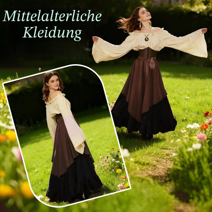 Mittelalter Kleidung Damen Set, Renaissance Kostüm und Retro Off Shoulder Bluse mit Corsett, Gürtelt