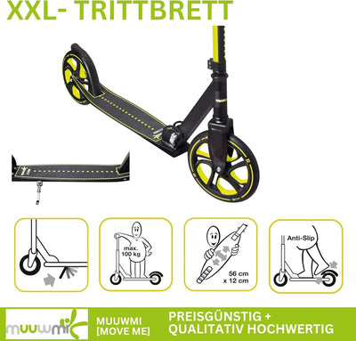 muuwmi Aluminium Scooter Pro – Tretroller, 215 mm, ABEC 7, für Kinder und Erwachsene, GS-geprüft, hö