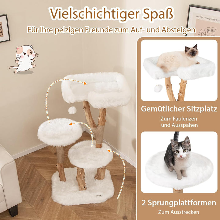 SOARS Kratzbaum Holz, Katzenbaum mit 3 natürlichen Birnbaumstämmen, Katzenbett & Plüschflächen, Katz