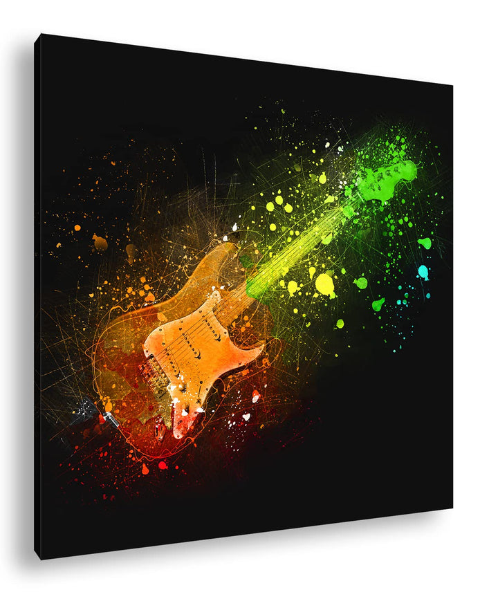 farbenfrohe Gitarre Format: 70x70 als Leinwandbild, Motiv fertig gerahmt auf Echtholzrahmen, Hochwer