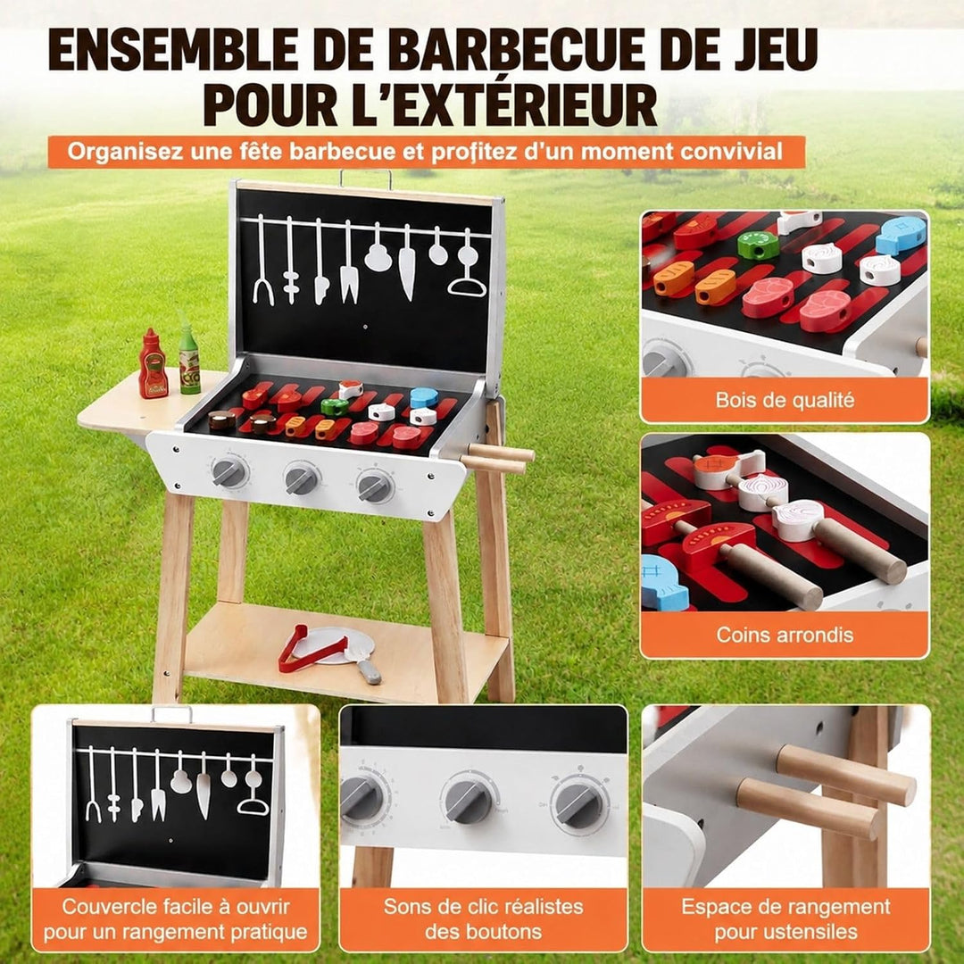 BBQ Grill Spielzeugset aus Holz 21-teilig mit Spiellebensmitteln und Grillzubehör für Rollenspiel Kü