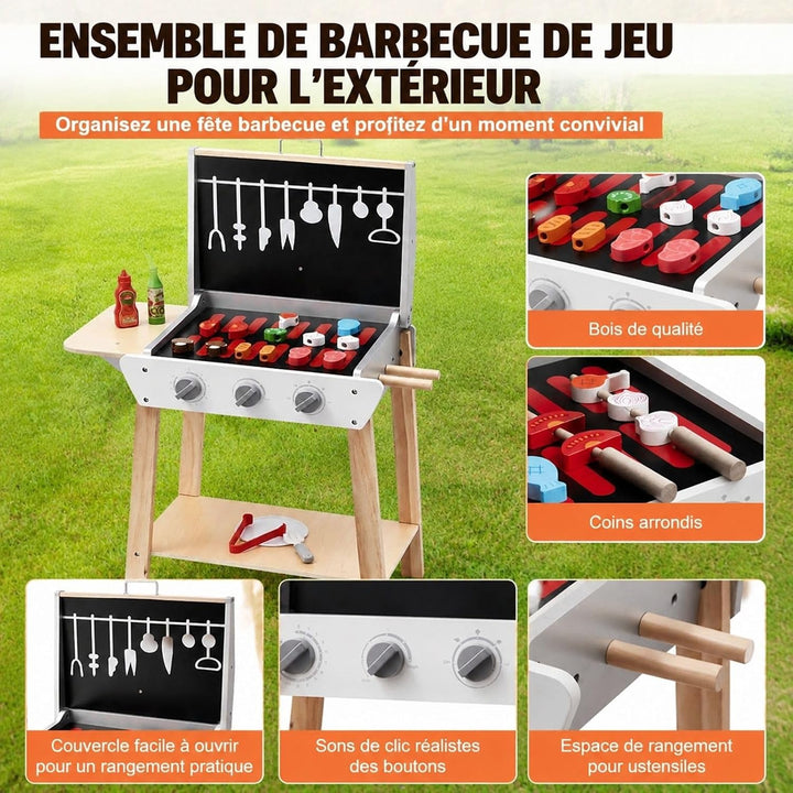 BBQ Grill Spielzeugset aus Holz 21-teilig mit Spiellebensmitteln und Grillzubehör für Rollenspiel Kü