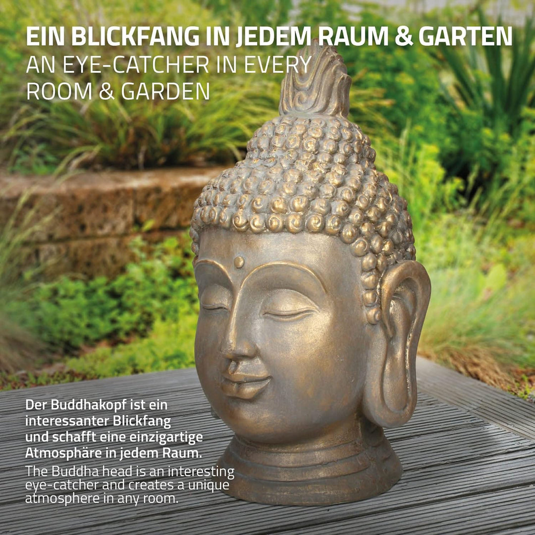 ECD Germany Buddha Figur Kopf Statue 53 cm, Polyresin, Bronzeoptik, für Yoga, Feng Shui oder Meditat