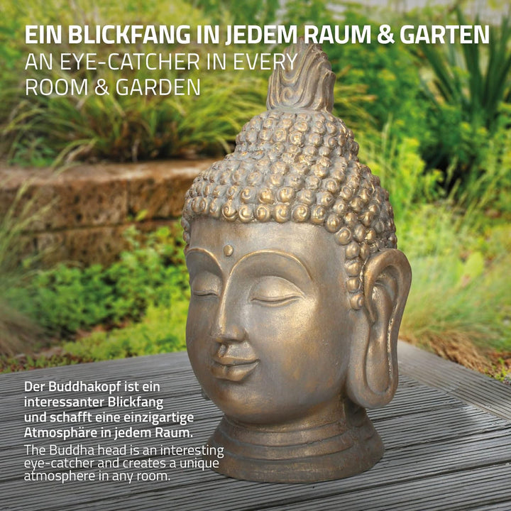 ECD Germany Buddha Figur Kopf Statue 53 cm, Polyresin, Bronzeoptik, für Yoga, Feng Shui oder Meditat