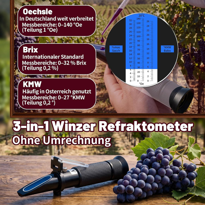 Winzer Refraktometer Wein 0–140° Öchsle, 0–32% Brix, 0–27° KMW
