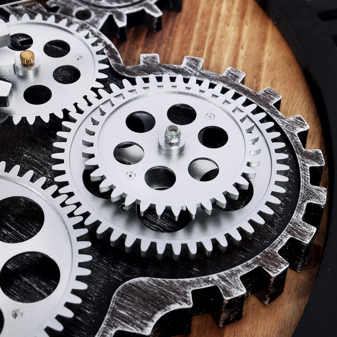 Lafocuse Wanduhr Gross mit Beweglichen Zahnrädern Industrial Steampunk XXL Holz Vintage Retro Schwar