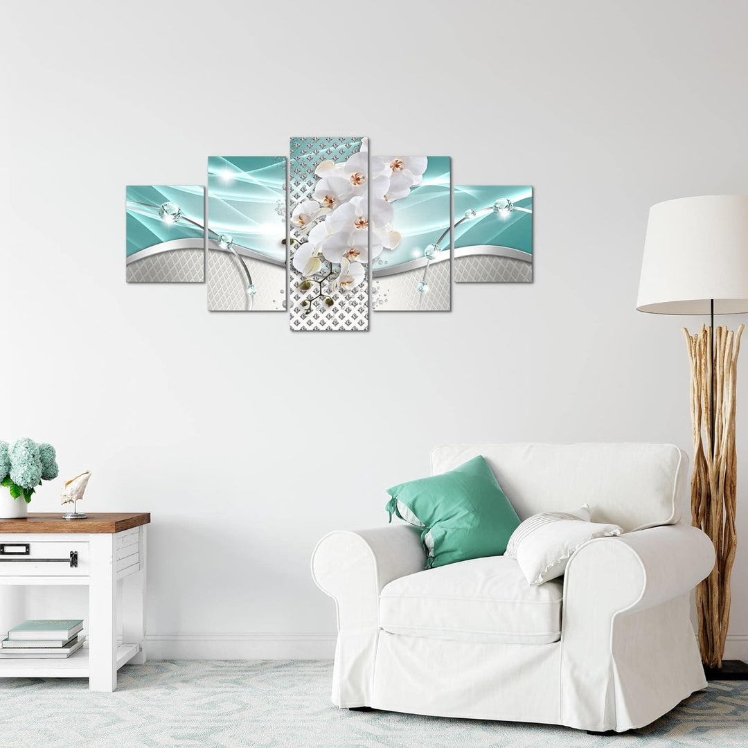Runa Art Wandbilder Blumen Orchidee 5 Teilig Bild auf Vlies Leinwand Deko Wohnzimmer Abstrakt Türkis