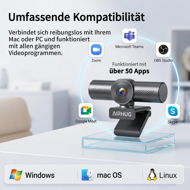 AIRHUG 2K 60fps Webcam,Streaming Kamera mit Sony 8MP Sensor,zwei omnidirektionalen Mikrofon,PDAF Aut