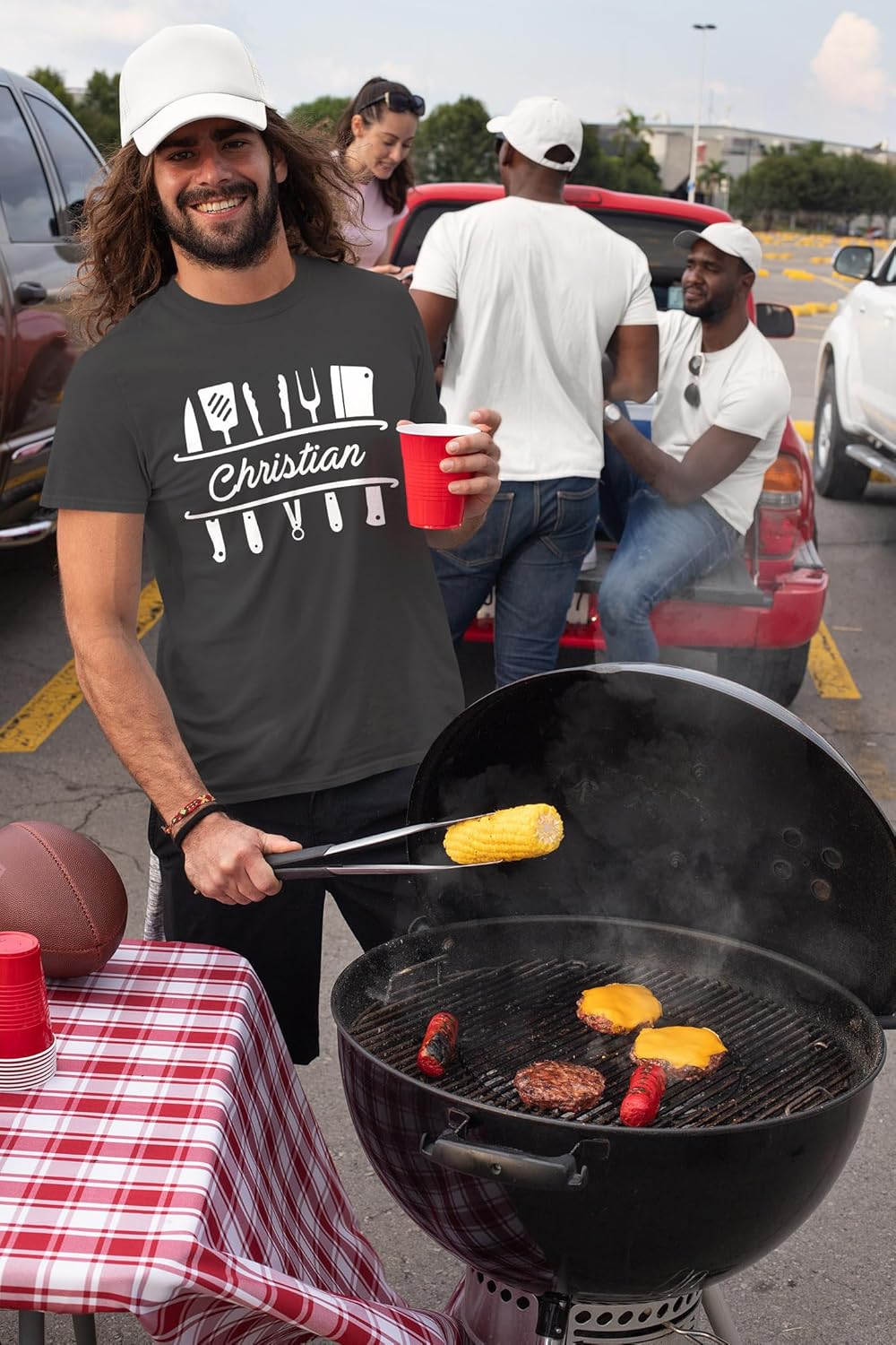 MoonWorks® Herren T-Shirt Grillen personalisiert eigener Name Grillbesteck Geburtstag Geschenk für M