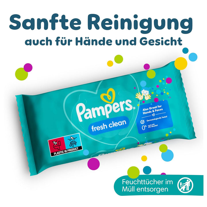 Pampers Fresh Clean Feuchttücher 12 Packungen mit 52 Stück, 624 Feuchttücher, milder Duft, auch für