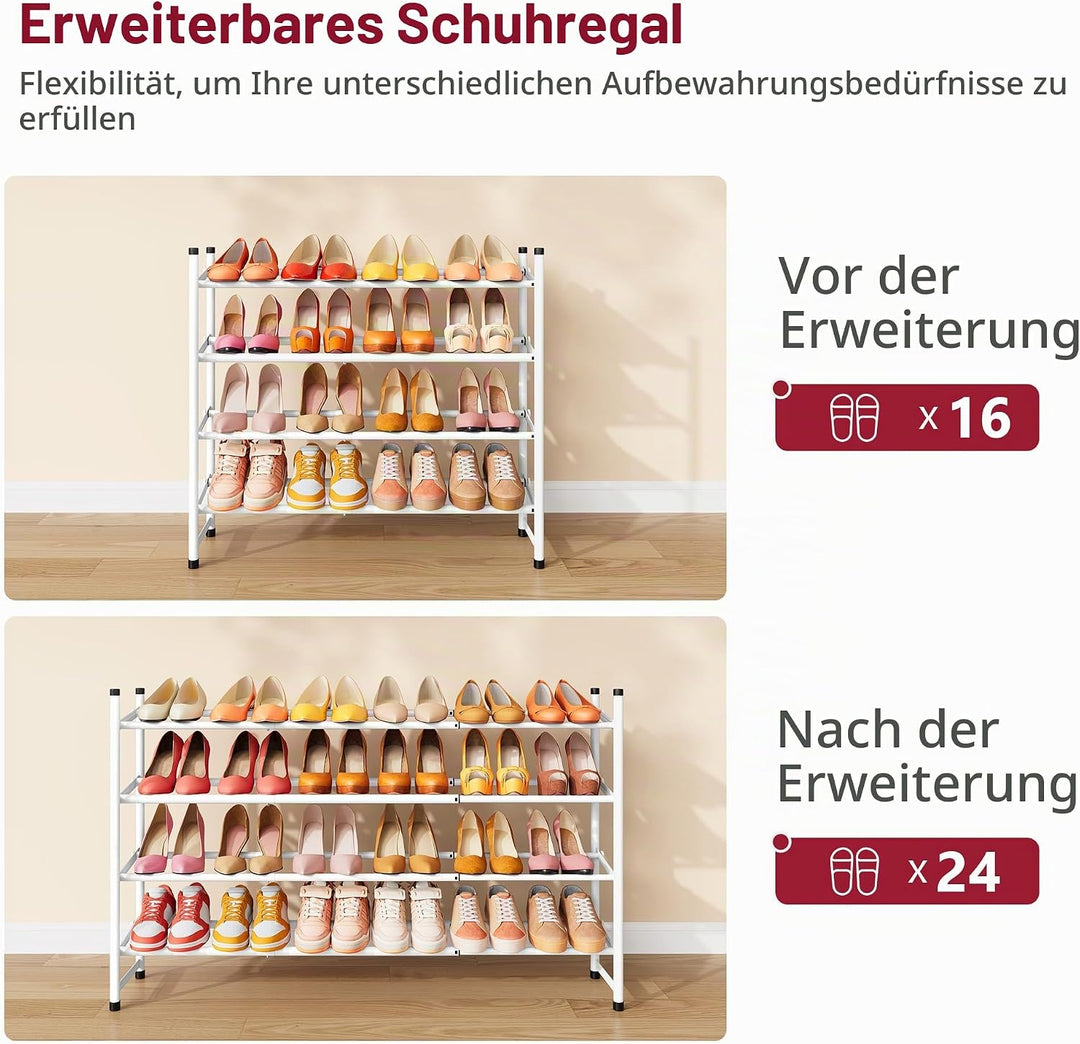 Tajsoon Schuhregal 4 Ebenen, 74–104 cm verstellbar &amp; stapelbar, für Eingang, Schrank, Garage, weiss