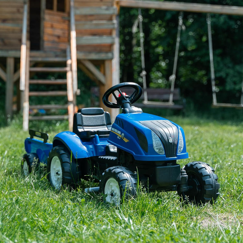 Falk Tractor de New Holland Leaf Traktor mit Pedalen Anhänger – ab 2 Jahren Motorhaube zum Öffnen –