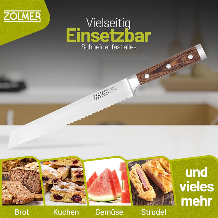 ZOLMER® Messerset X5 – Profi Allzweckmesser, Brotmesser, Kochmesser, Gemüsemesser & Wetzstahl – Scha