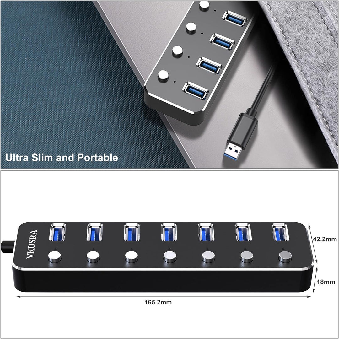 USB Hub 3.0, VKUSRA 7 Port USB Hub Aktiv 3.0 mit 5V/3A Netzteil und Langes Kabel 120cm, Aluminium US