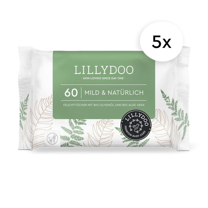 LILLYDOO green Feuchttücher, 300 Stück (5 x 60), 100% plastikfreies, reissfestes Tuch - ohne Parfüme