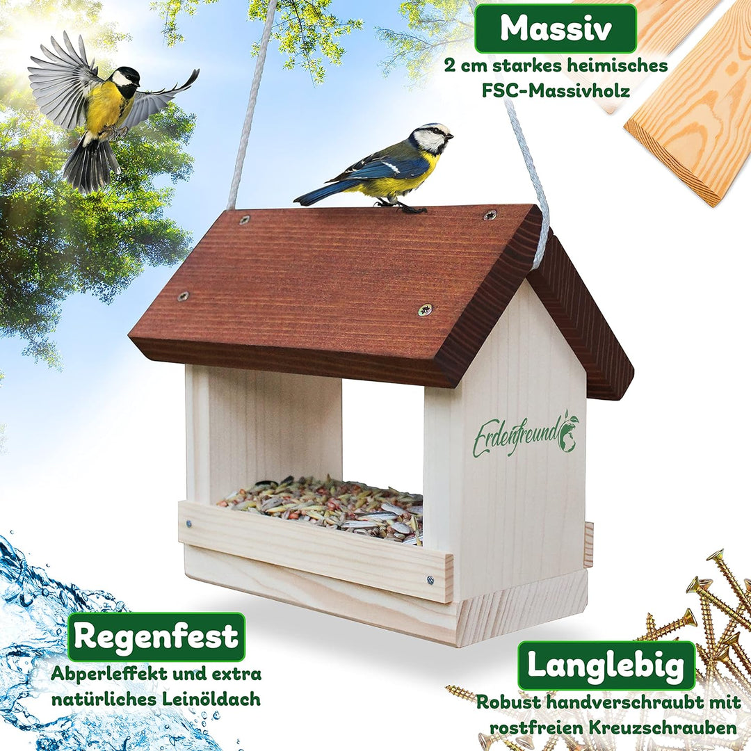 ERDENFREUND® Vogelfutterhaus 2 Grössen mit Leinenkordel reissfest Futterhaus für Vögel wetterfest mi