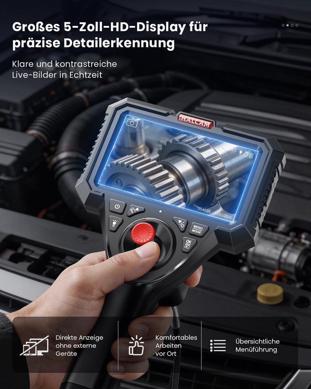 Ralcam Endoskopkamera mit Licht, Endoscope Camera mit 360° beweglichem Kopf, 6.2mm Sonde, 5" HD Bild