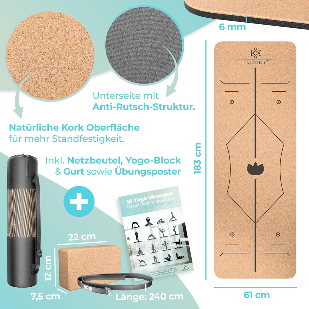 KESSER® Yogamatte Kork Inkl. Tragegurt Tasche & Yoga-Block Gymnastikmatte Yoga Matte rutschfest aus