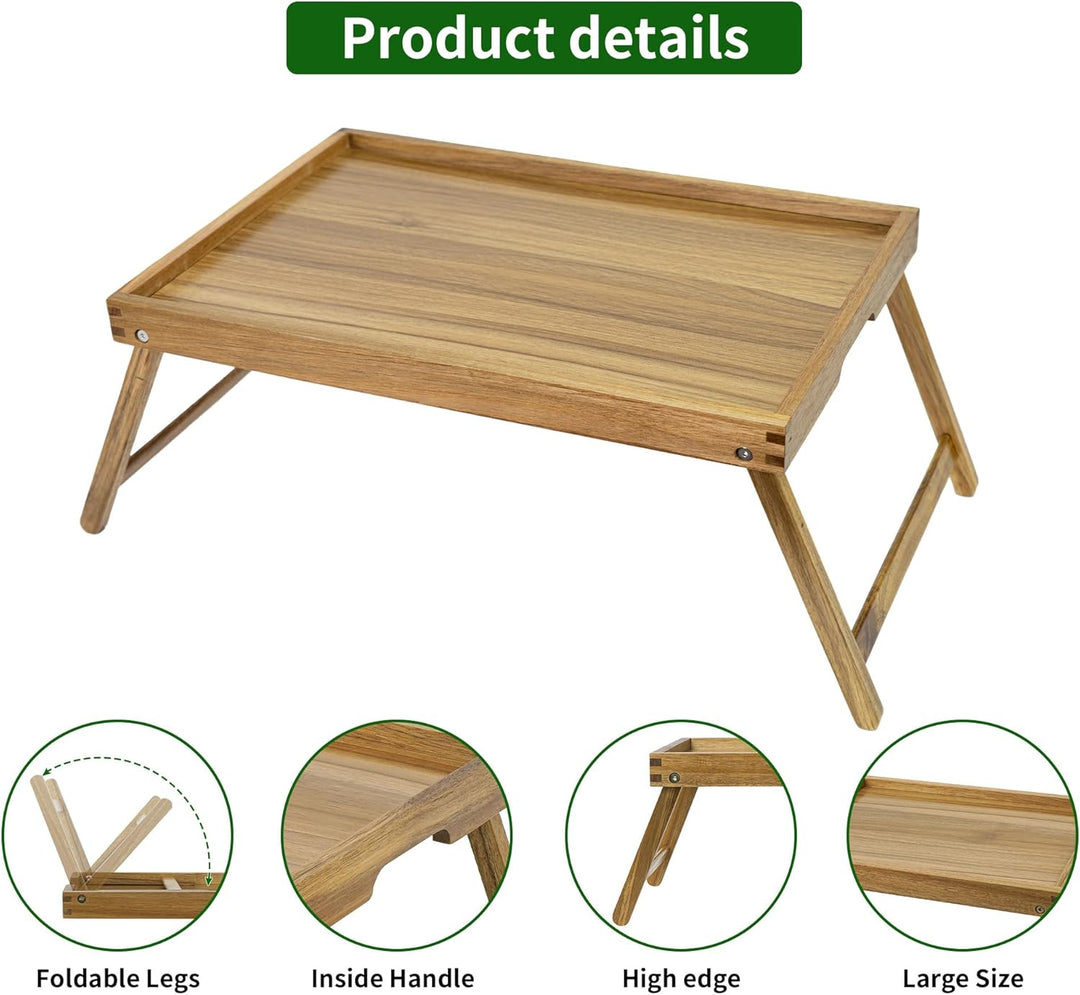 VaeFae Akazie Gross Bett Tabletttisch, Betttablett Klappbar aus Holz, Frühstückstablett als Esstisch
