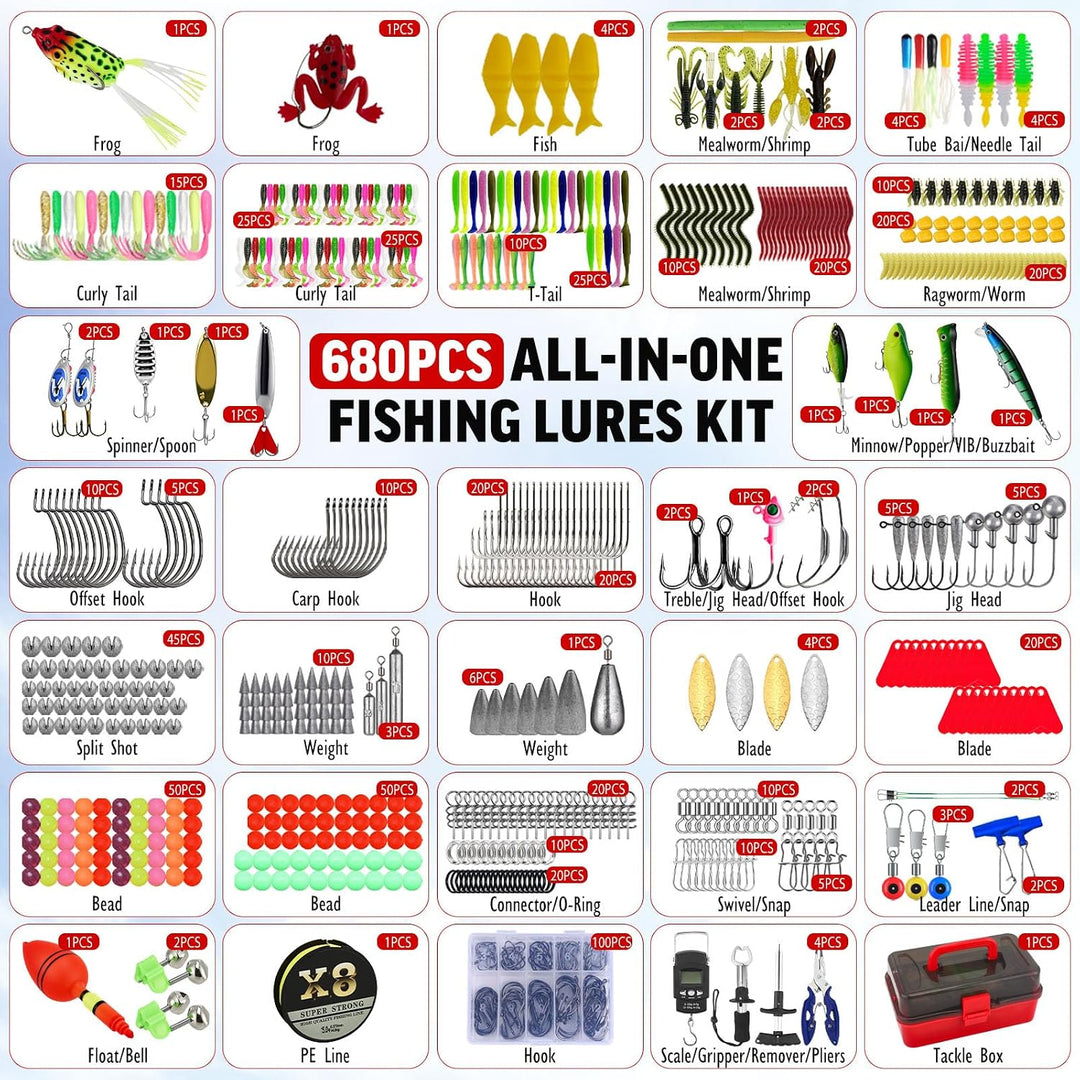 680 Stück Angelzubehör Set, 3-Regal Angelkoffer mit Köder, Haken, Angelzange, Angelwaage, Angelausrü