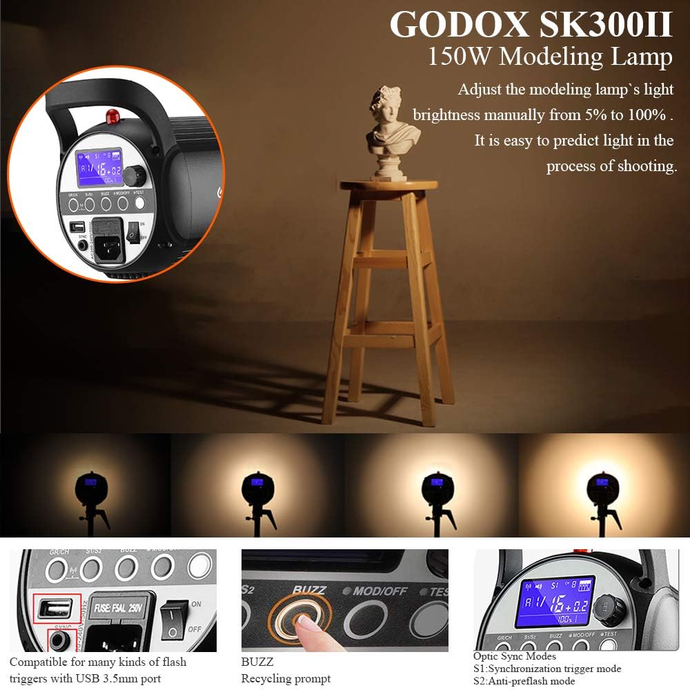 GODOX SK300II Studioblitz Profi Blitzkopf 300W GN58 Einstelllicht 150W Studio Strobe Bowens Blitz Bl