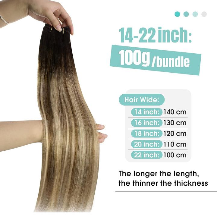 YoungSee Tressen Echthaar Balayage Echthaar Tressen zum Einnahen Braun Balayage Blond Weave Extensio