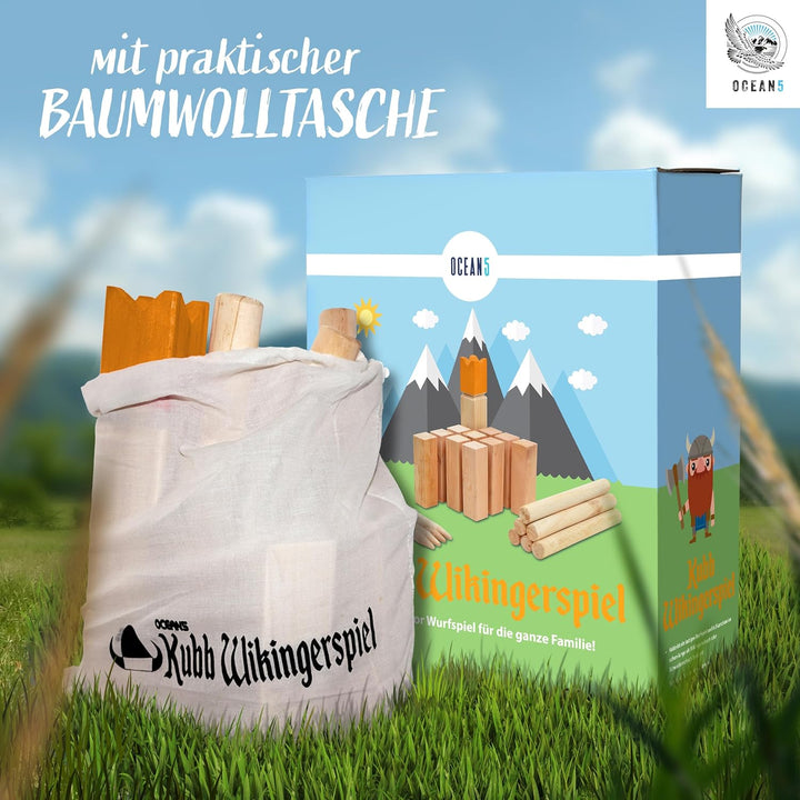 Ocean 5 Kubb - Original Wikinger Spiel | Premium Holzspiel im Stoffbeutel mit massiven Figuren | Sch