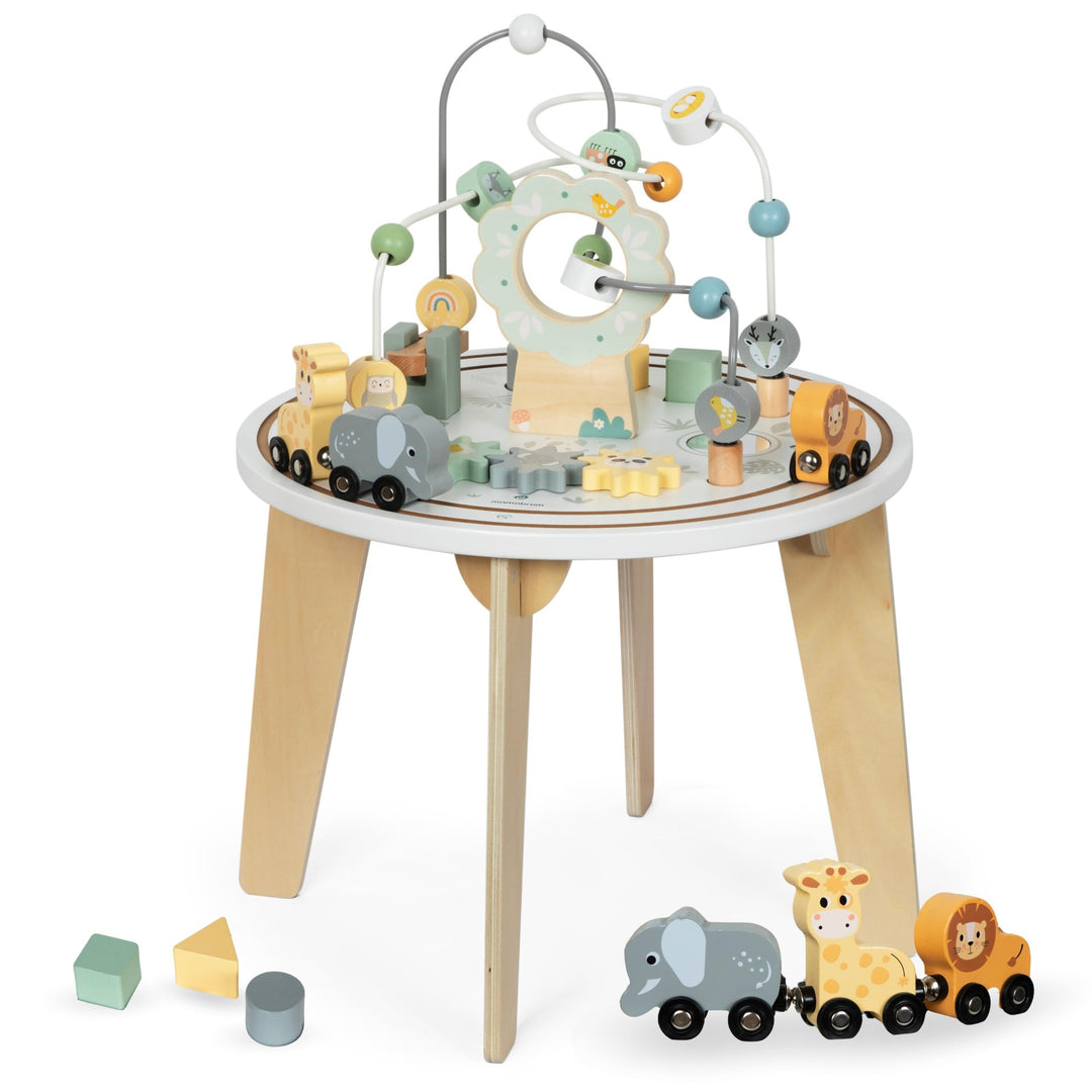 mamabrum Holz Aktivitätstisch Set mit Magnetischer Eisenbahn, Motorikschleife, Perlenwerfer, Formso