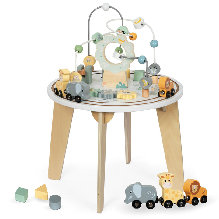 mamabrum Holz Aktivitätstisch Set mit Magnetischer Eisenbahn, Motorikschleife, Perlenwerfer, Formso