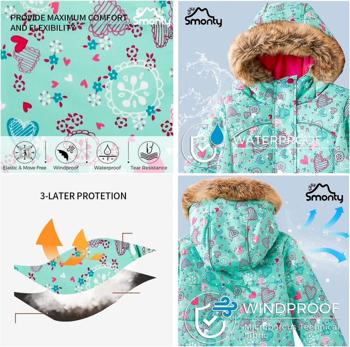SMONTY Kinder Schneeanzug für Mädchen Winter Skijacke &amp; Hose Set Kapuzenträger Set Winddicht Wasserd