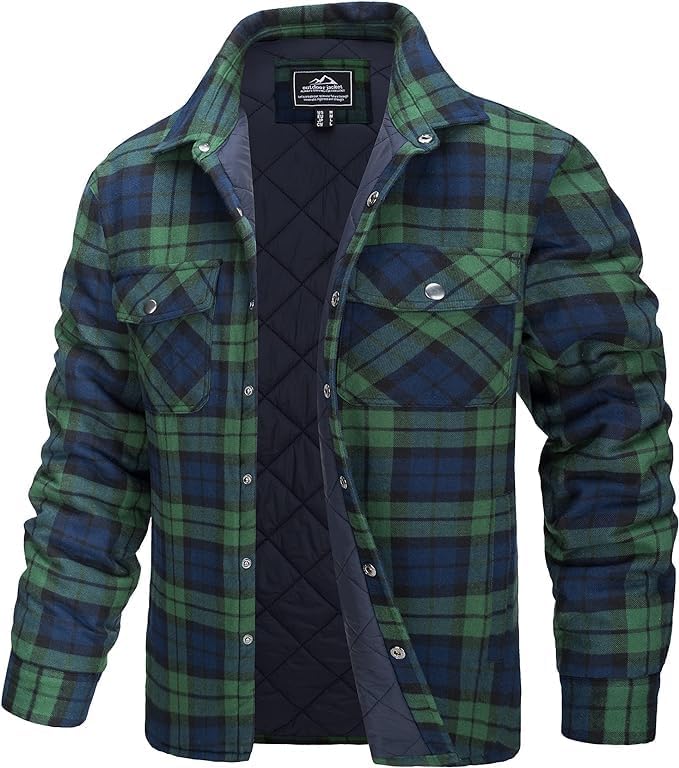 TACVASEN Herren Karierte Hemdjacke Flanellhemd Holzfällerhemd Thermohemd Jacke, 3XL Grün
