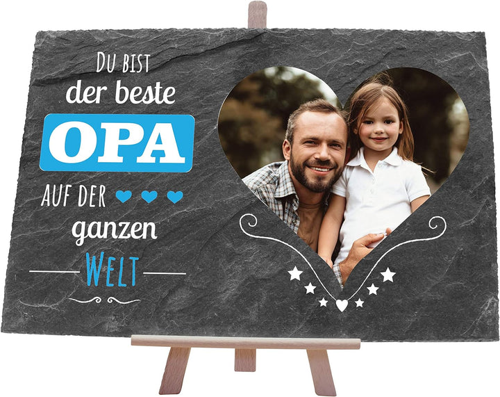 wandmotiv24 Schiefertafel Bester Opa mit Holz-Staffelei, Personalisiert mit Farb-Foto im Herz, Digit