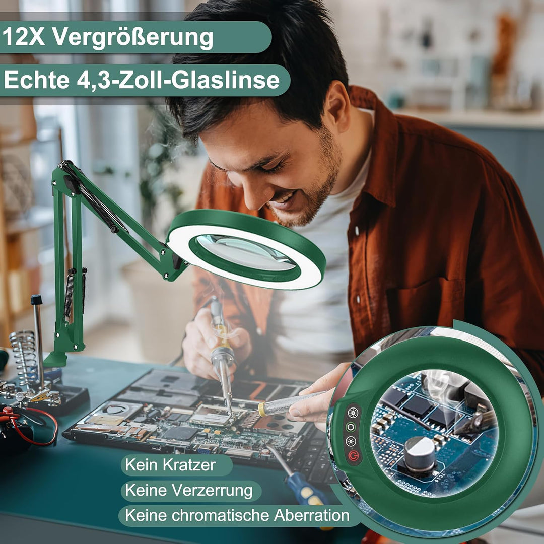 Veemagni 10X Echtes Glas Lupe mit Licht, 5 Farbmodi Stufenlos Dimmbar, Verstellbarer Schwenkarm LED