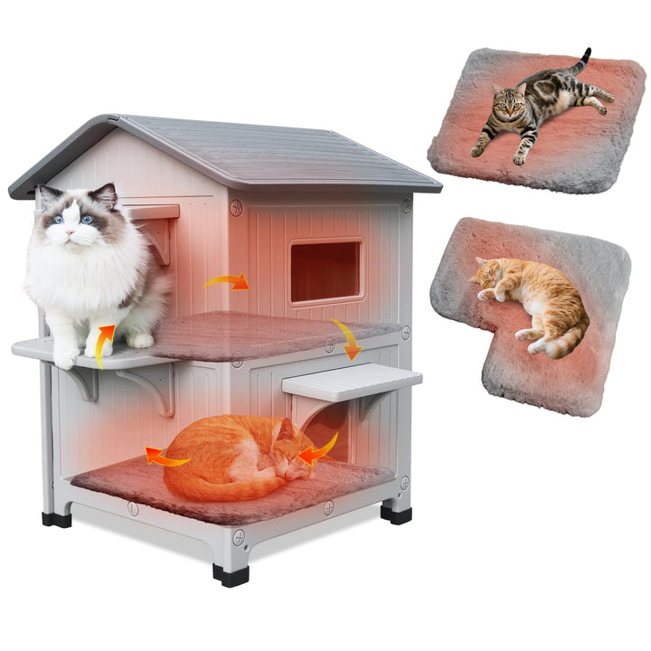 Katzenhaus Outdoor, Zweistöckiges Wetterfestes Katzenunterschlupf aus HDPE-Kunststoff mit Fluchttür,