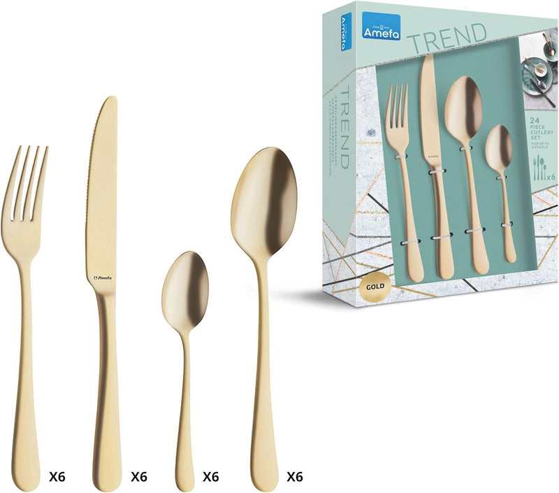 Amefa AUSTIN GOLD Besteckset 24-teilig | PVD-veredeltes goldenes Besteck Set | farbigesTafelservice
