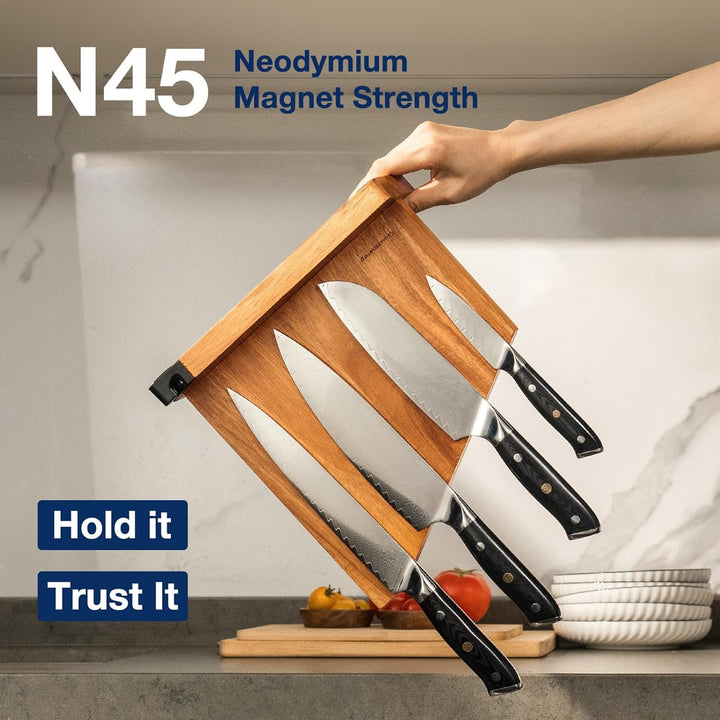 Messerblock Magnetisch mit Integriertem Schärfer, 100% Akazienholz Messerblock ohne Messer, Starker