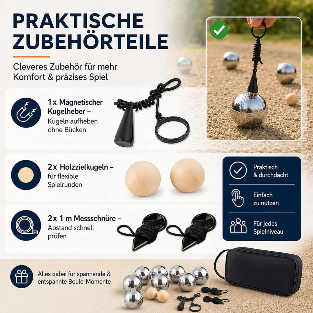 Boules-Set aus verchromtem Stahl (8 Kugeln),2 Holz-Zielkugeln, Abstandsmesser &amp; Ballabsauger | Kompl