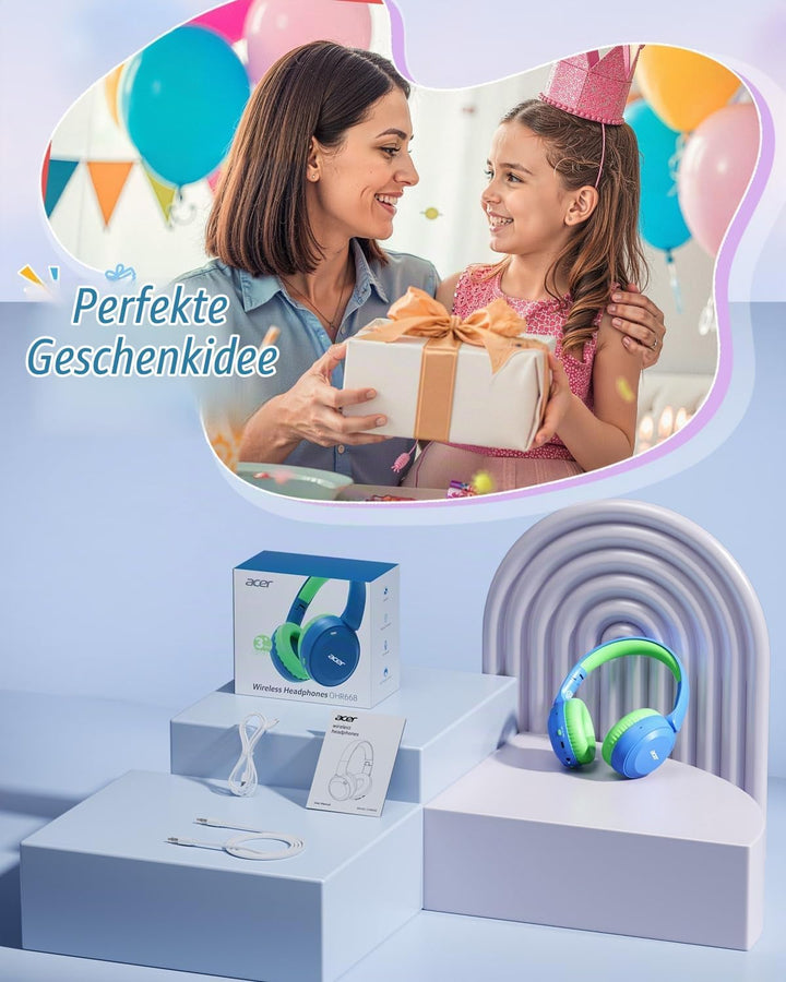 Acer Kinder Bluetooth Kopfhörer, 85/94dB Lautstärkebegrenzer, Faltbare Kabellose Over-Ear-Kopfhörer