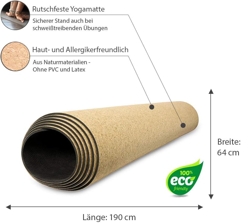 XXL Yogamatte rutschfest - Kork und Naturkautschuk 190cm - Extra lang + Tragegurt + Nachhaltige Yoga