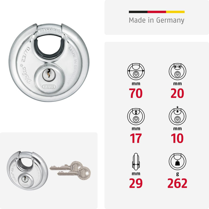 ABUS Diskus Vorhängeschloss 23/70 - wetterfest für den Garten - mit Diskus-Schweisstechnologie für b