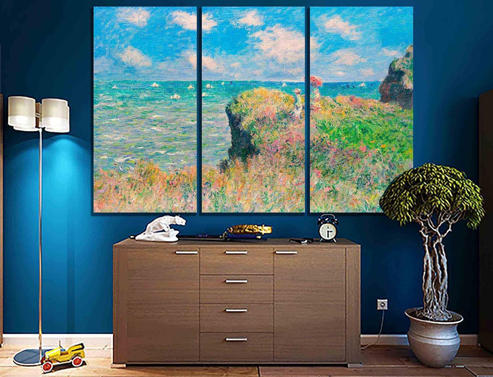 Kunstdruck auf Leinwand, gerahmt, Motiv "The Cliff Walk at Pourville", 50 x 25 cm, 3 Stück 50 x 25cm