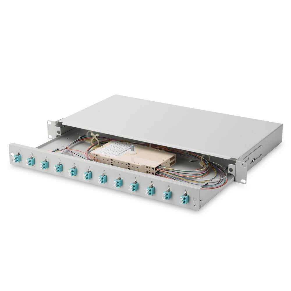 DIGITUS LWL Spleissbox 12 Kupplungen - LC - OM3- 1HE 19-Zoll - Multi-Mode Duplex - Mit Spleiss-Kasse