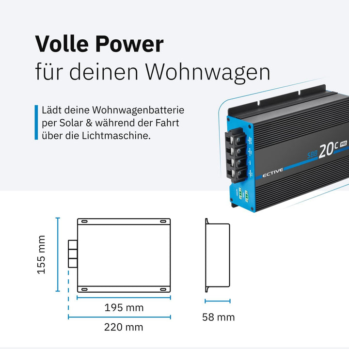 ECTIVE SBB 20C PRO Solar-Ladebooster 20A 12V auf 12V – Einstellbarer DC-DC Battery-to-Battery Ladebo