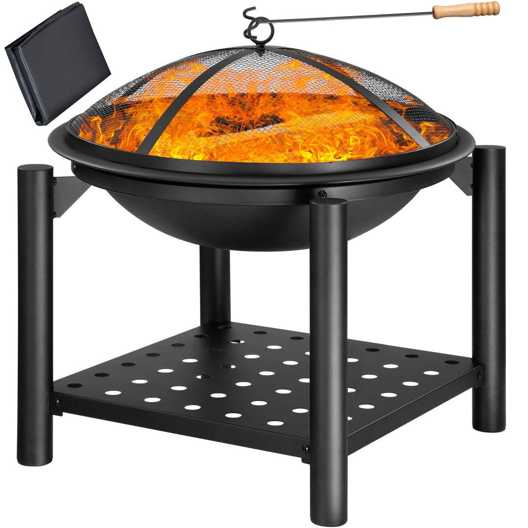 GARDEBRUK® Feuersschale mit Funkenschutz Rund Ø55cm Schürhaken Ablagefach Stahl Schwarz Terrasse Gar